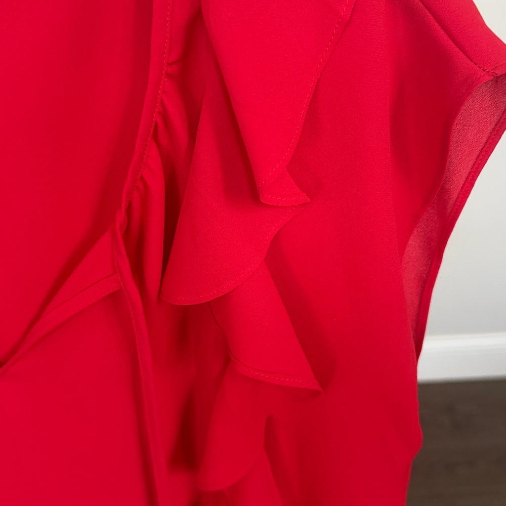 Express Women's Bright Red Ruffle Tie V-Neck Blouse Medium - Picture 3 of 6